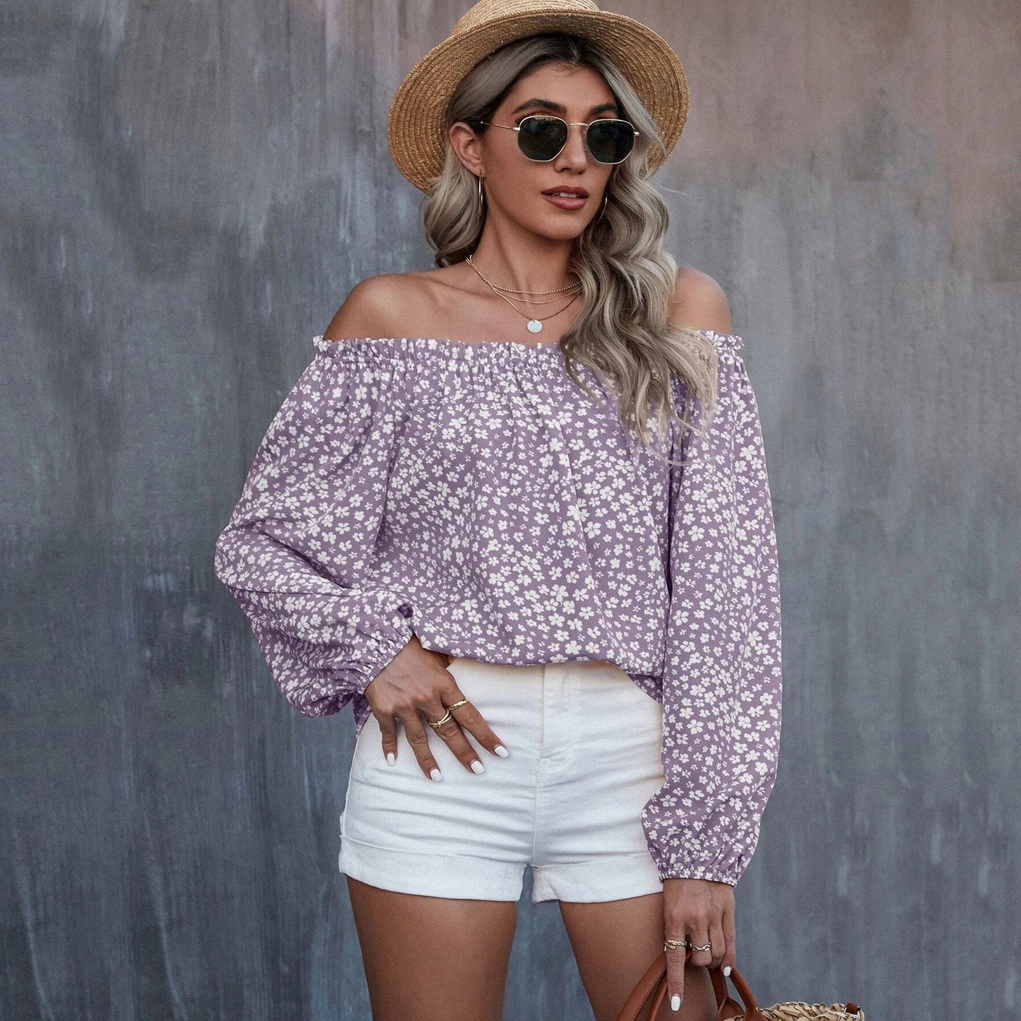 Camiseta holgada de manga larga con estampado de hombros descubiertos para mujer Otoño Invierno