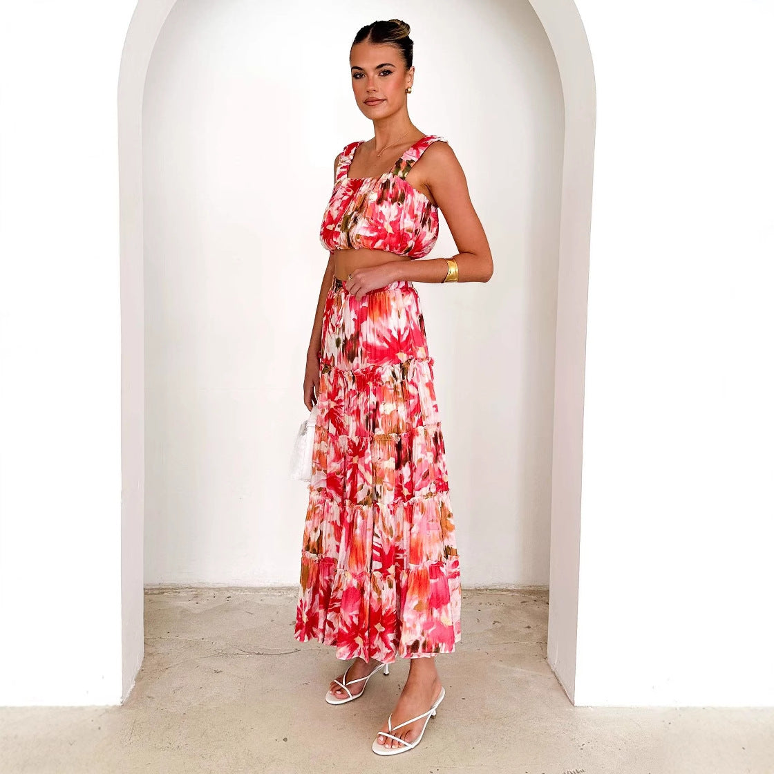 Women Clothing Retro Sleeveless Short Corset Spaghetti Strap Floral Print High Waist Skirt Two Piece Set for Women XINXI