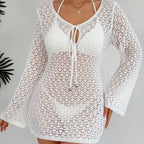Women Beach Dress Beach Cover Up Women Clothing Long Sleeve Sexy Cutout See through Tied Dress Oyimi