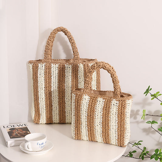 Sac en paille français à rayures verticales, sac en paille de couleur contrastée portable, sac tissé pour femme, sac de plage pour vacances en bord de mer 