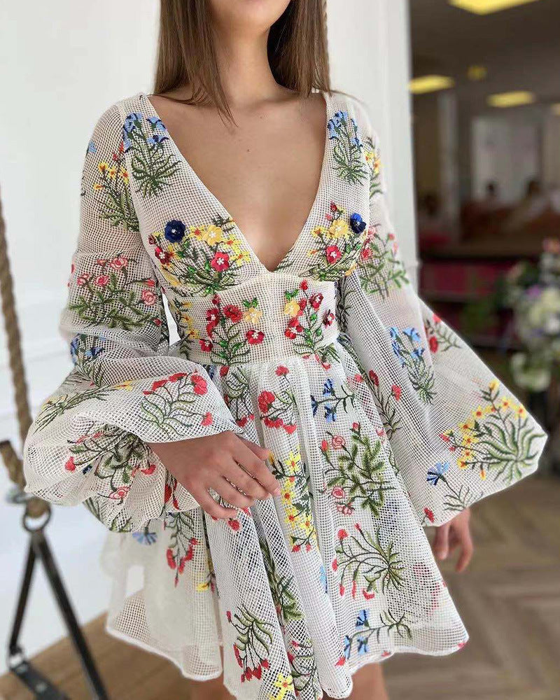 Robe d'été brodée en maille pour femme, tenue de fée à manches lanternes, tenue de fête d'anniversaire