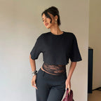 Summer Faux Two Piece Lace Slim Fit Patchwork Hollow Out Cutout Sexy Short Sleeve Women T Shirt Tops Vivish