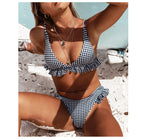 Sexy Flounced High Waist Bikini Black White Plaid Printed Swimsuit Bikini Women