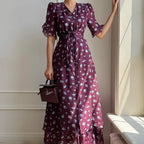 Print French Dress Women V neck Short Sleeve Single Breasted Dress Kigali