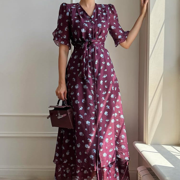 Print French Dress Women V neck Short Sleeve Single Breasted Dress Kigali