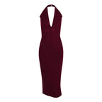 Sexy Women Clothing Sexy Backless V neck Midi Dress Skinny Sheath Split Halter Dress REBECCA