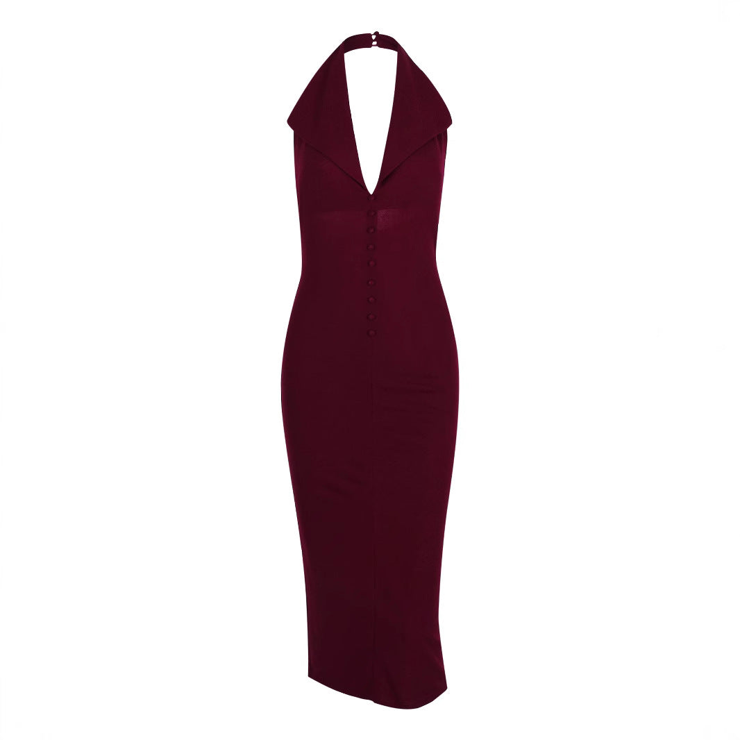 Sexy Women Clothing Sexy Backless V neck Midi Dress Skinny Sheath Split Halter Dress REBECCA