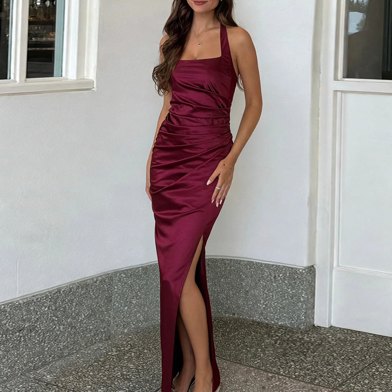 Retro Wine Red Summer Slim Fit Sexy Waist Square Collar Dress FREYA