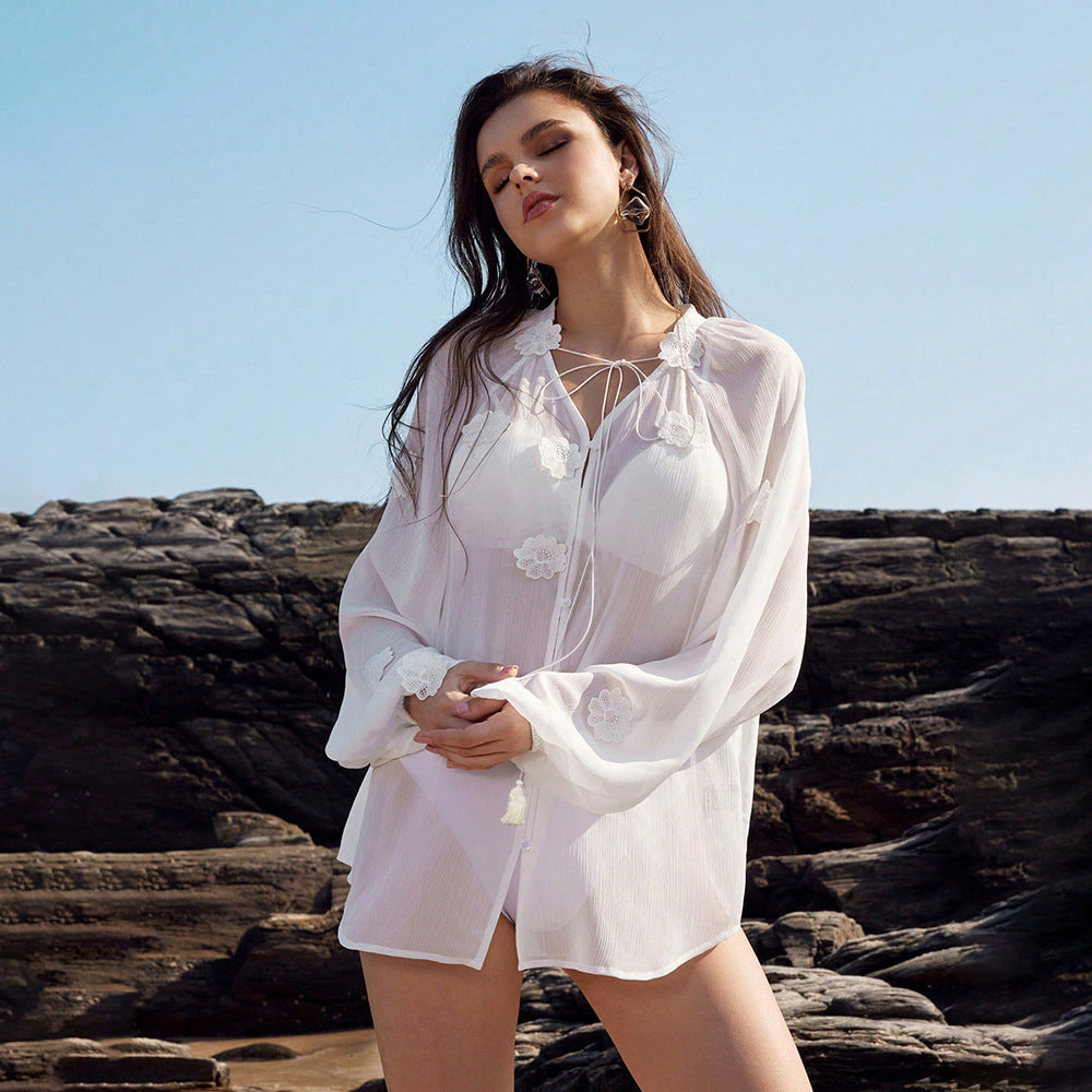Solid Color Sexy See through Chiffon Beach Cover up Bikini Swimsuit Beach Shirt Women Mangar