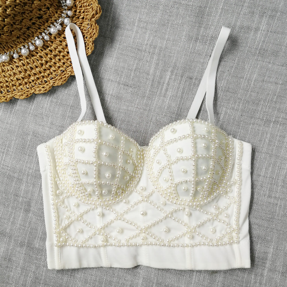 Pearl Suspender Vest Fashionable Women Outer Wear Beauty Back cropped Sexy Short Tube Top Sweet Cool Top with Chest Pad Kanuner