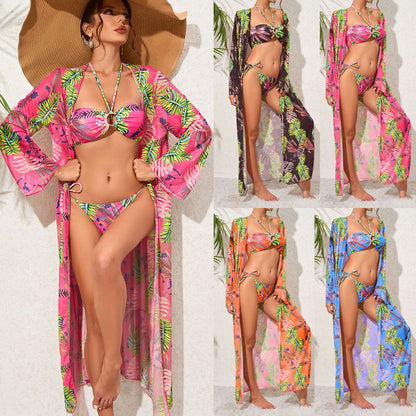 Bikini de mujer dividido de tres piezas, manga larga, blusa larga, traje de baño de vendaje