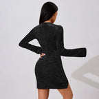 Robe sexy pour femme, automne-hiver, manches cloche, taille plissée, coupe courte moulante.