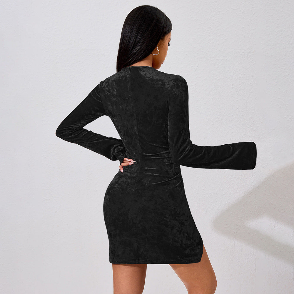 Robe sexy pour femme, automne-hiver, manches cloche, taille plissée, coupe courte moulante.