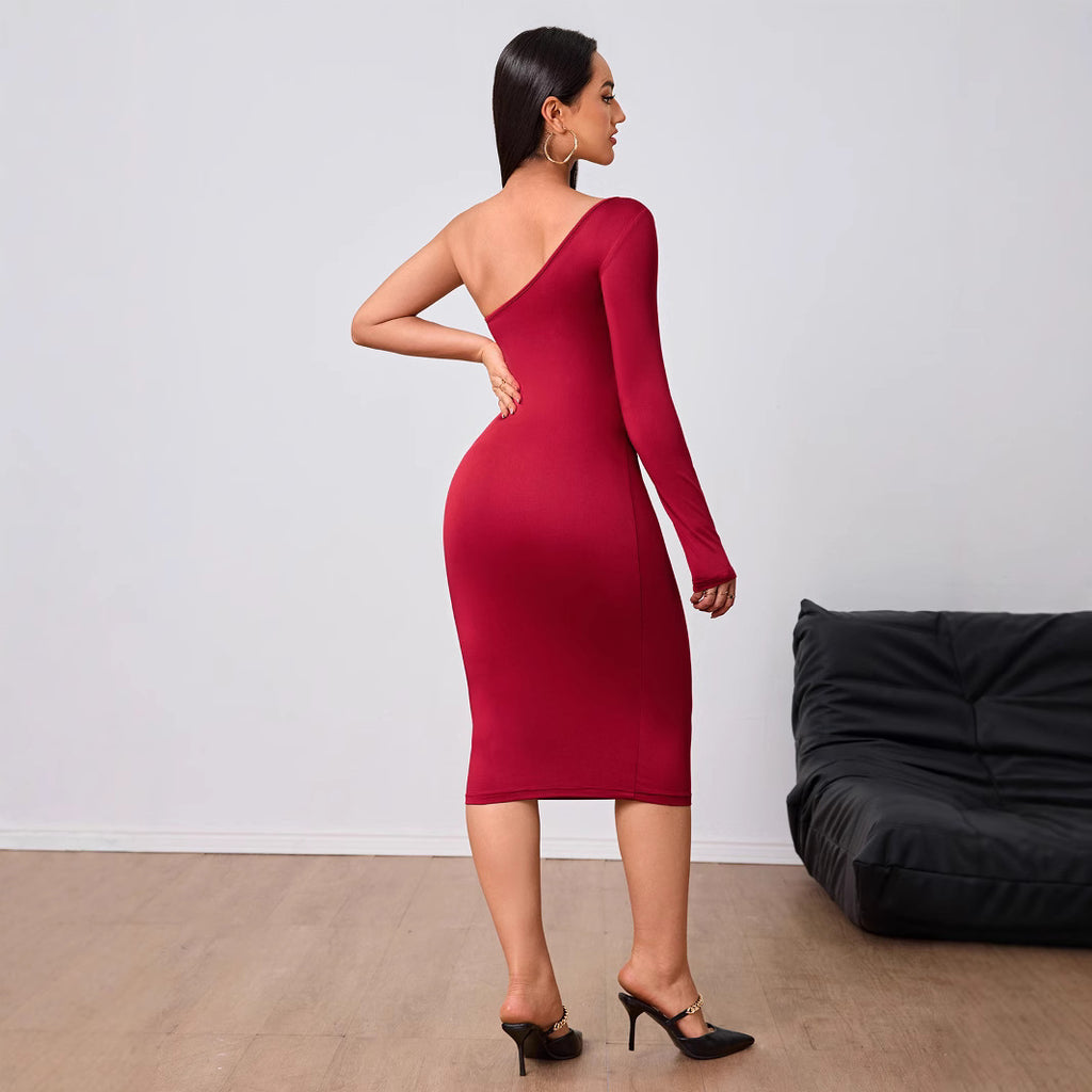 Robe mi-longue rouge vin pour femme, tenue de soirée, automne-hiver, manches simples