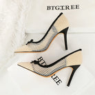French High Heels Bow Pointed Shallow Mouth Mesh Lace Stiletto Heel Slip on Pumps Women ForestFootwear