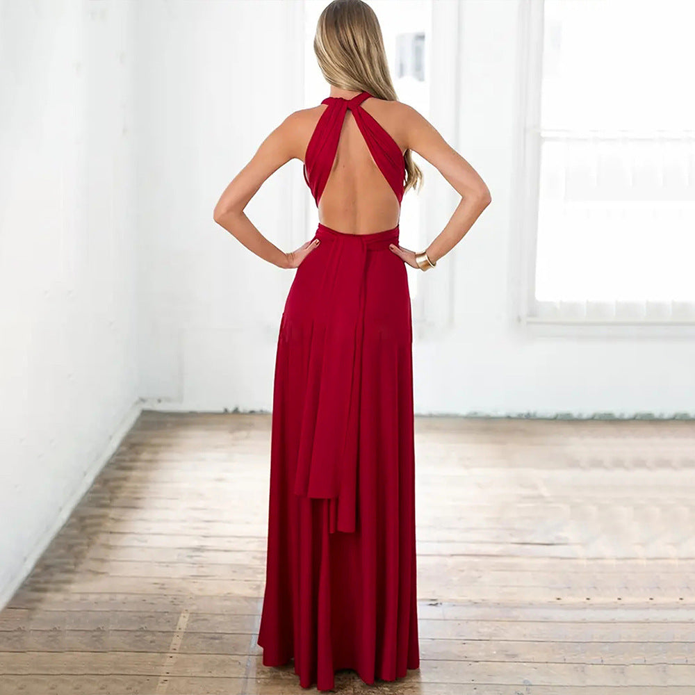 Women Clothing Summer Multi Tied Maxi Dress Halter Red Strap Dress Yiskiss