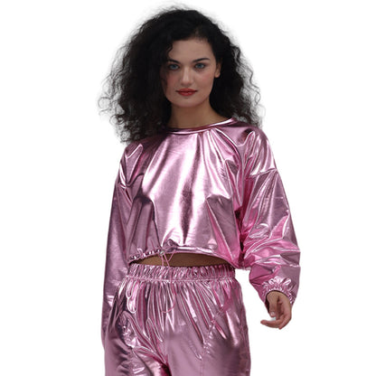 Sudadera corta con capucha y cordón ajustable de manga larga, sexy, de cuero brillante y bronceado
