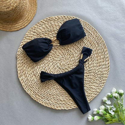 Bikini de cintura baja sexy para mujer, traje de baño de color liso dividido