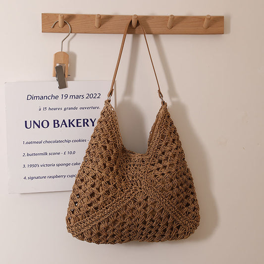 Bolso de paja informal con aberturas para el hombro, bolso de paja triangular de gran capacidad, bolso tejido, bolso de playa para vacaciones, bolso para mujer 