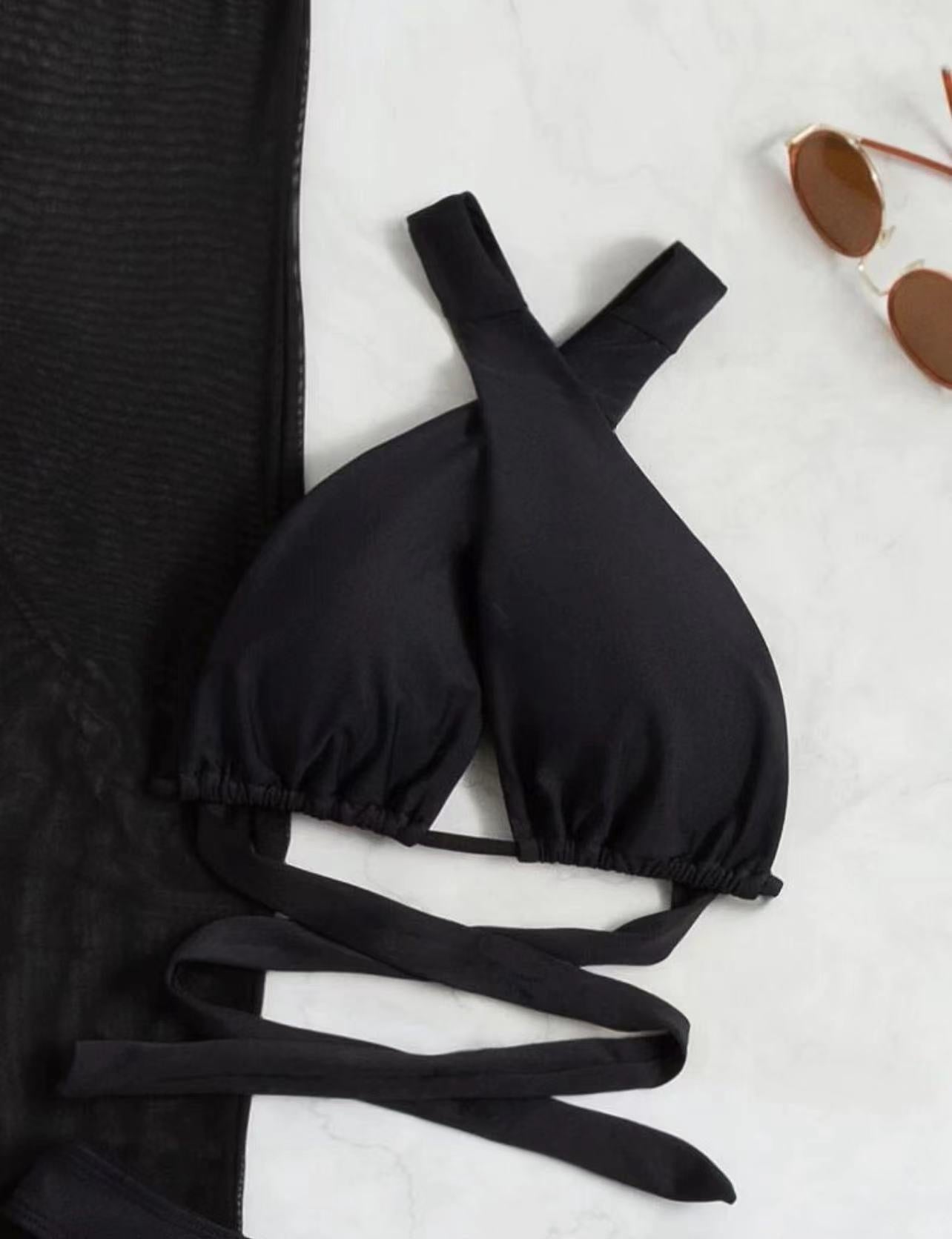 Conjunto sexy de tres piezas transparente sin espalda