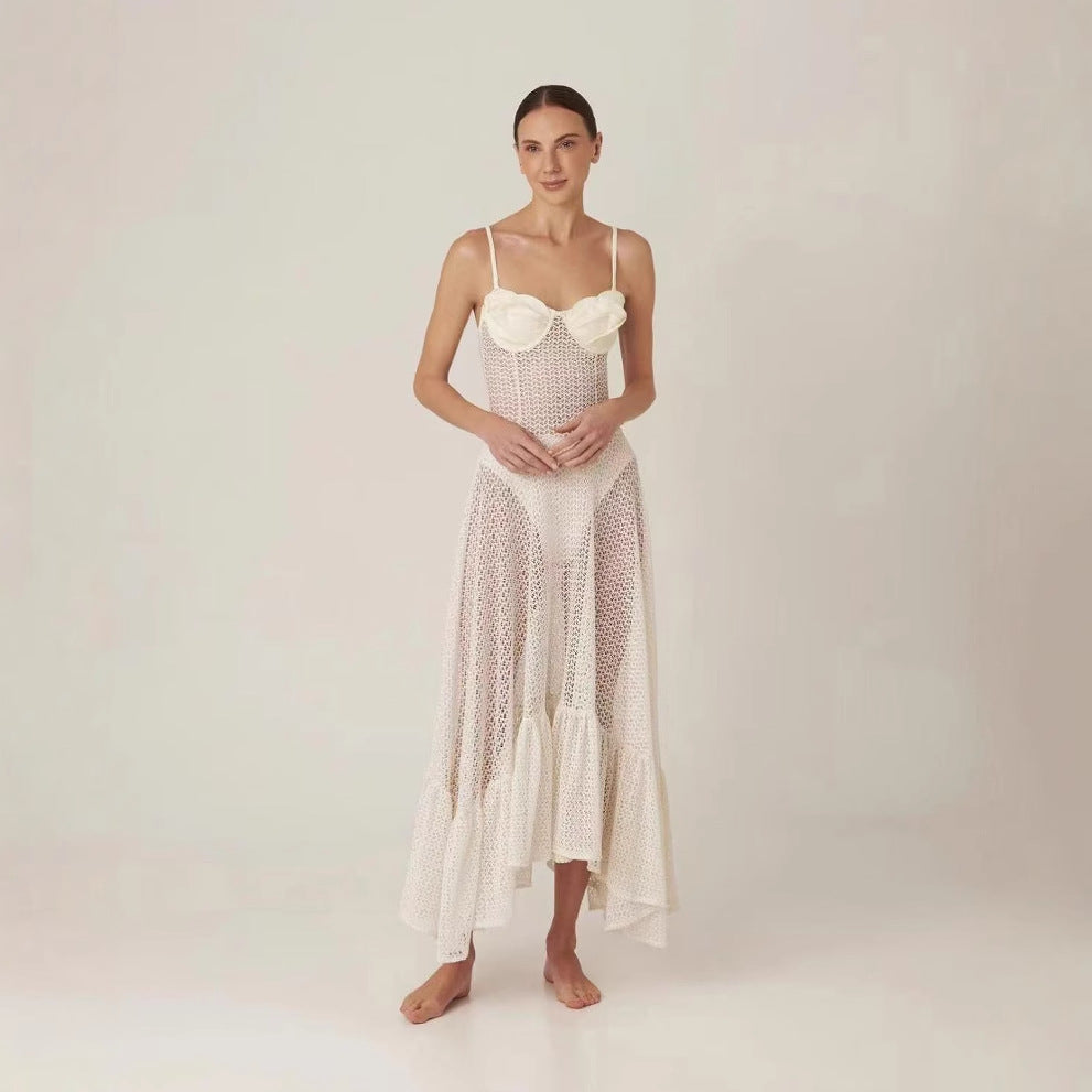 Spring Summer Design Floral Lace Large a Swing Transparent Sling Dress Lyncent