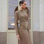 Vestido francés de otoño, vestido largo para mujer, vestido de noche con cintura texturizada y adelgazante.