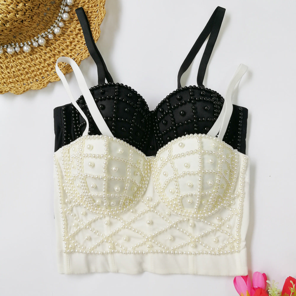 Pearl Suspender Vest Fashionable Women Outer Wear Beauty Back cropped Sexy Short Tube Top Sweet Cool Top with Chest Pad Kanuner