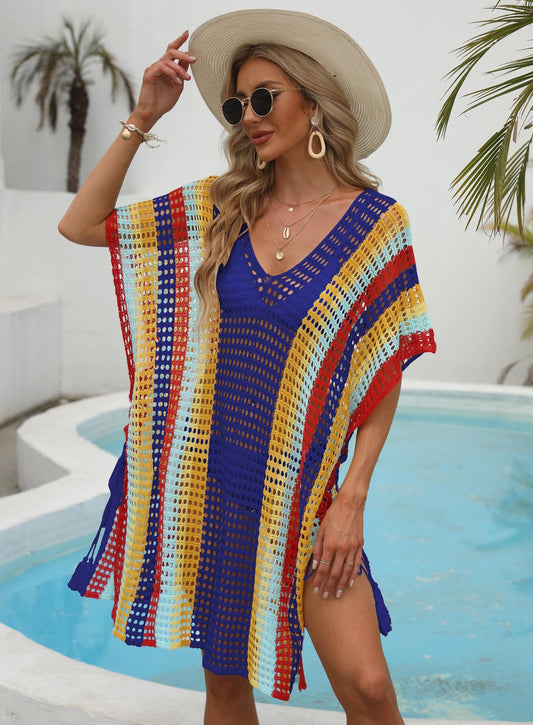 Women Clothing Color Contrast Patchwork Woven Hollow Out Cutout Beach Vacation Beach Cover Up Lace Up Dress
