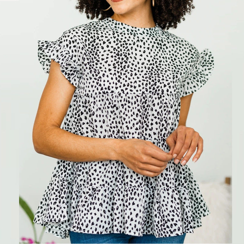 Camisa de mujer con estampado floral pequeño y manga corta con vuelo para mujer