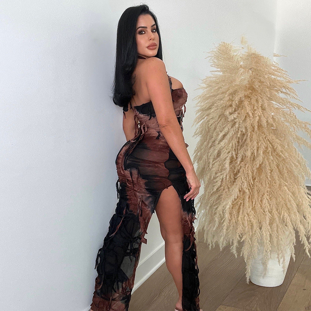 Women Clothing Autumn Tie-Dyed Tassel Split Beggar Dress Sexy Dress