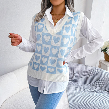 Gilet sans manches en maille à cœur pour femme, automne-hiver, style universitaire