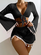 Swimsuit Women Split Three Or Four Piece Suit Solid Color Tassel Lace Up Long Sleeve Internet Celebrity Suit SOKO