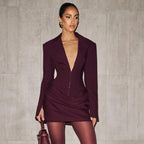 Women Clothing Autumn Winter Solid Color Deep V Plunge Collared Pleated Mini Waist Dress for Women