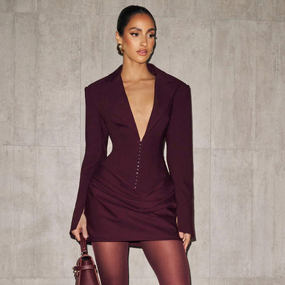 Robe mini plissée à col V plongeant et taille basse, couleur unie, automne-hiver, pour femme