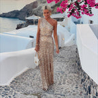 Summer One Shoulder Split Sequined off Shoulder Elegant Dress XUYUN
