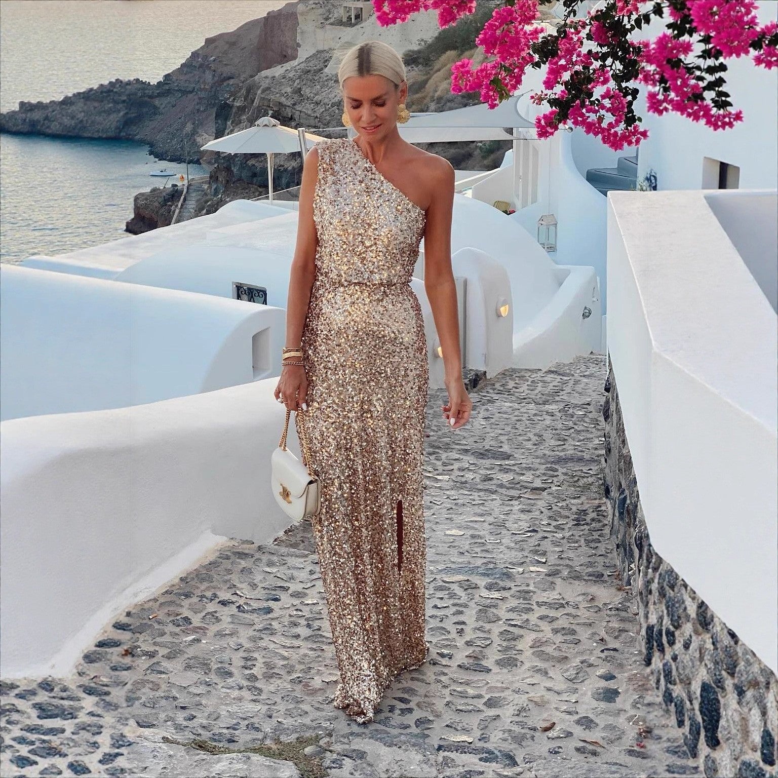 Summer One Shoulder Split Sequined off Shoulder Elegant Dress XUYUN