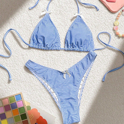 Traje de baño de verano con lazo floral a cuadros para mujer, bikini dividido para vacaciones, fabricante