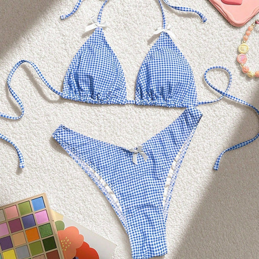 Traje de baño de verano con lazo floral a cuadros para mujer, bikini dividido para vacaciones, fabricante