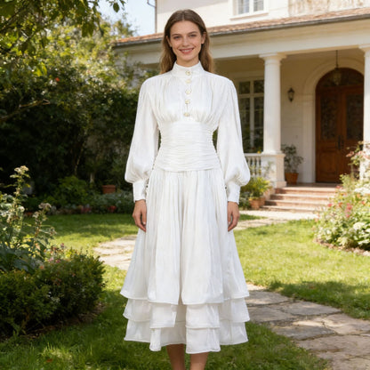 Spring Elegant Retro Lantern Sleeve Breasted Ruffled Maxi Dress Waist Slimming Dress Sailfish