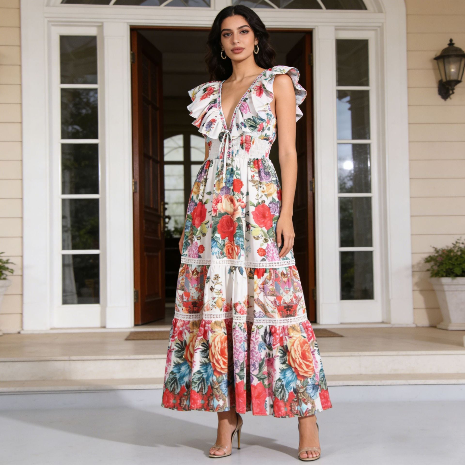 Spring Deep V Plunge neck Ruffled Sleeve Maxi Dress Ruffled Stitching Printing Design Waist Slimming Dress for Women Sailfish