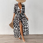 Women Cardigan Women Clothing Batwing Sleeve Lace up Waist Controlled Leopard Print Mesh Beach Beach Cover Up Oyimi