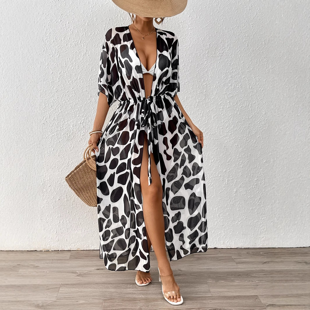 Women Cardigan Women Clothing Batwing Sleeve Lace up Waist Controlled Leopard Print Mesh Beach Beach Cover Up Oyimi