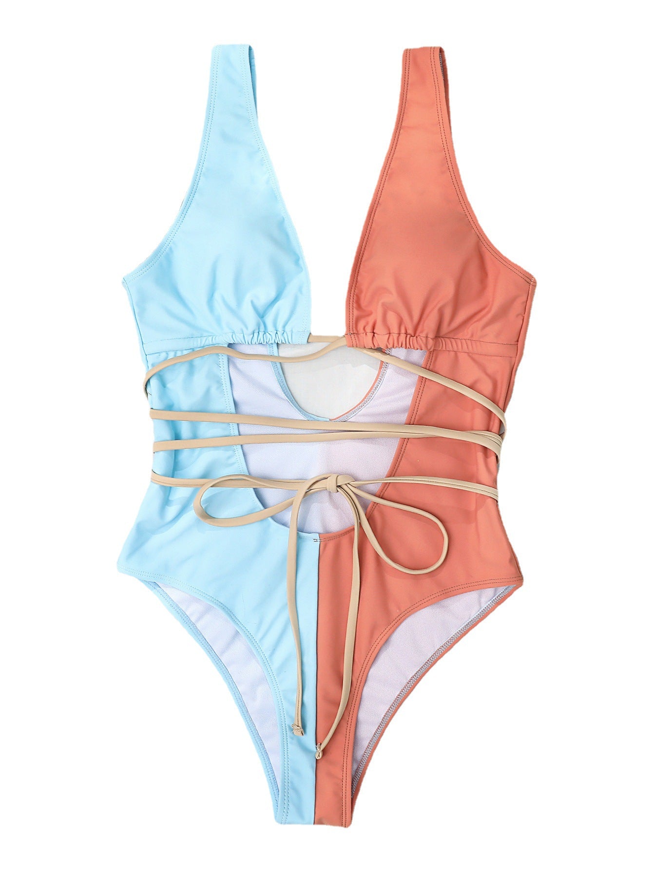 Traje de baño de una pieza sin espalda con abertura y cintura a juego de colores para mujer