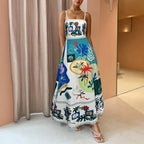 Ethnic Graffiti Printing Slip Dress Women Summer Waist Tight Slimming Large Hem A line Long Dress Rogan