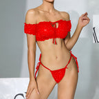 Sexy Sequ Dot Mesh Sexy Lingerie off Shoulder Tube Top Strap T Back Two Piece Sets FairWind