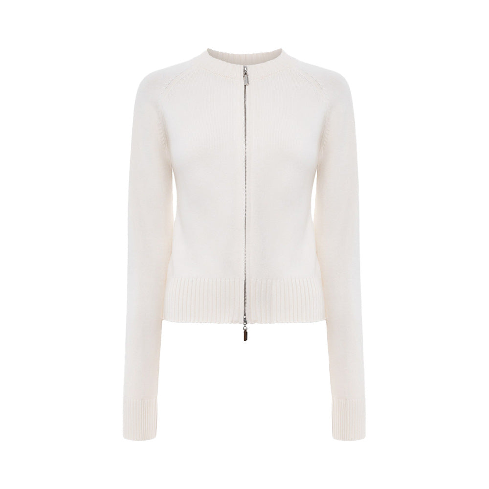Manteau d'automne-hiver à col montant, coupe ajustée, manches longues, cardigan à double fermeture éclair, manteau en maille thermique pour femme