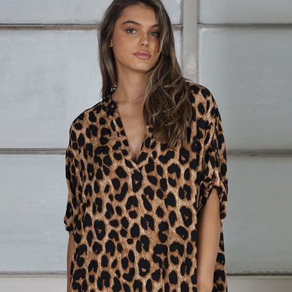 Rayon Stand Collar Leopard Dot Robe Seaside Vacation Dress Loose Bikini Swimsuit Blouse Outer Wear Women