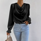 Women Clothing Ruffled Sleeve Satin Shirt Autumn Arrival Long Sleeve Satin Shirt