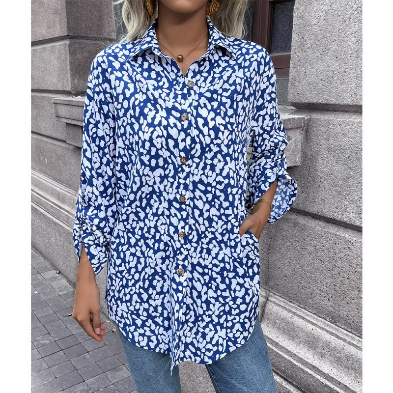 Ropa de mujer, cárdigan sexy con estampado de leopardo y botonadura sencilla, camisa con cuello, top para mujer