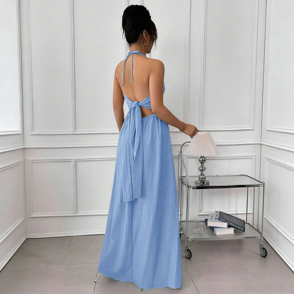 Summer Blue Halter Backless Dress Lace up Waist Slimming Seaside Vacation Gentle Yiskiss